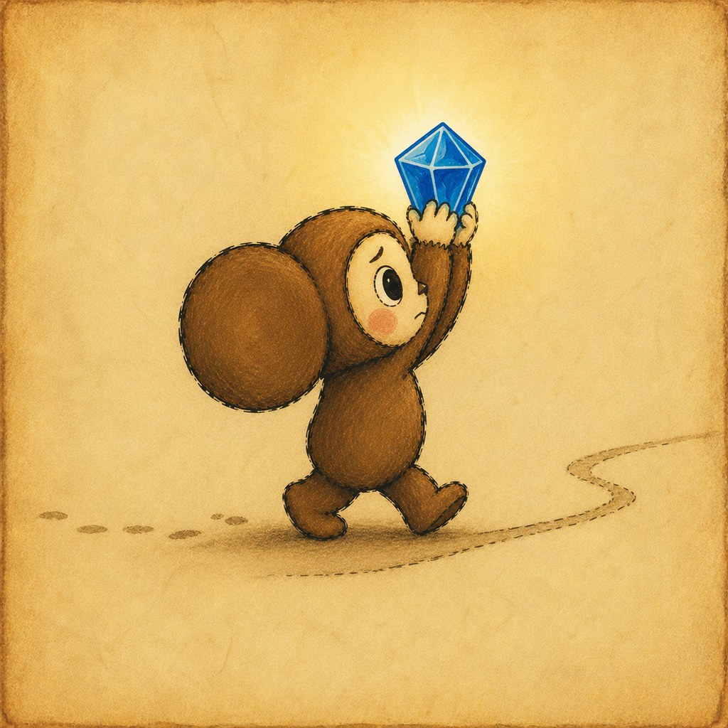 The character walking with the crystal raised above his head