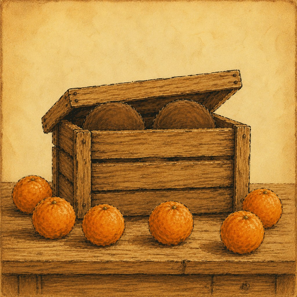 A wooden crate of oranges with the character peeking inside
