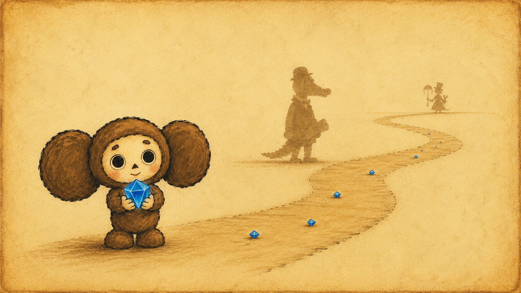 Cheburashka with distant silhouettes of Crocodile Gena and Old Lady Shapoklyak along a path